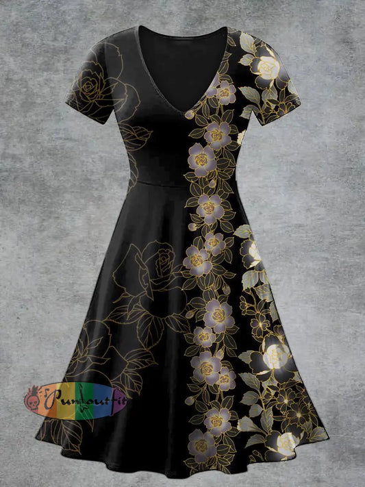 Women’s Casual V-Neck Short Sleeve Floral Print Short Sleeve Dress Black / S