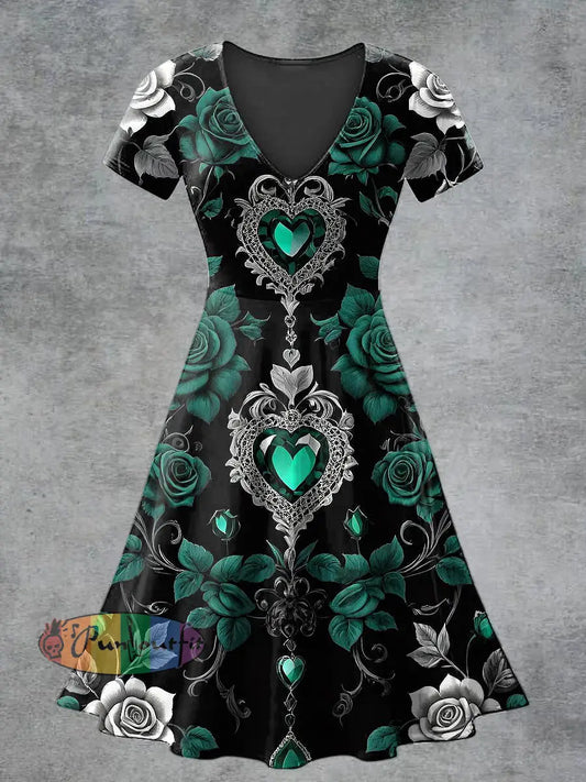 Women’s Casual V-Neck Short Sleeve Floral Print Short Sleeve Dress Dark Green / S