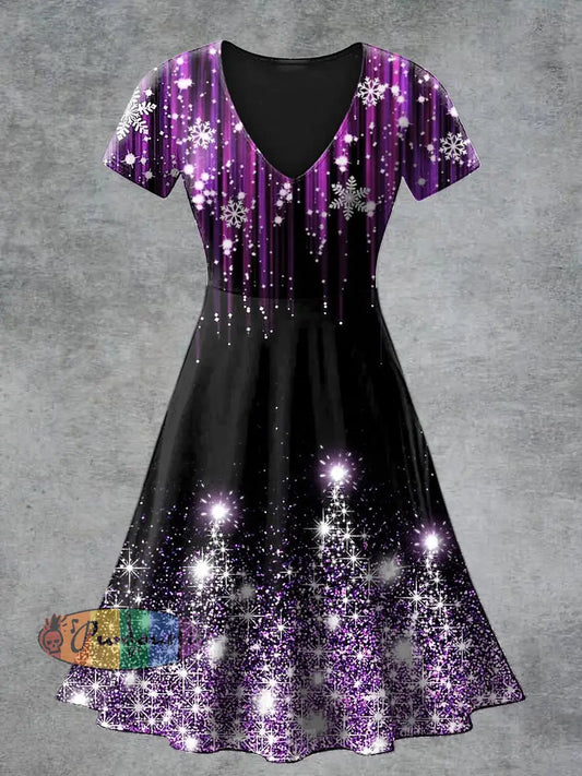 Women’s Casual V-Neck Short Sleeve Floral Print Short Sleeve Dress Purple / S