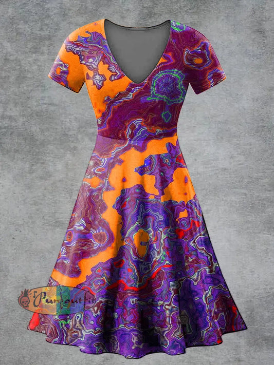 Women’s Casual V Neck Short Sleeve Psychedelic Print Short Sleeve Dress Multicolour / S
