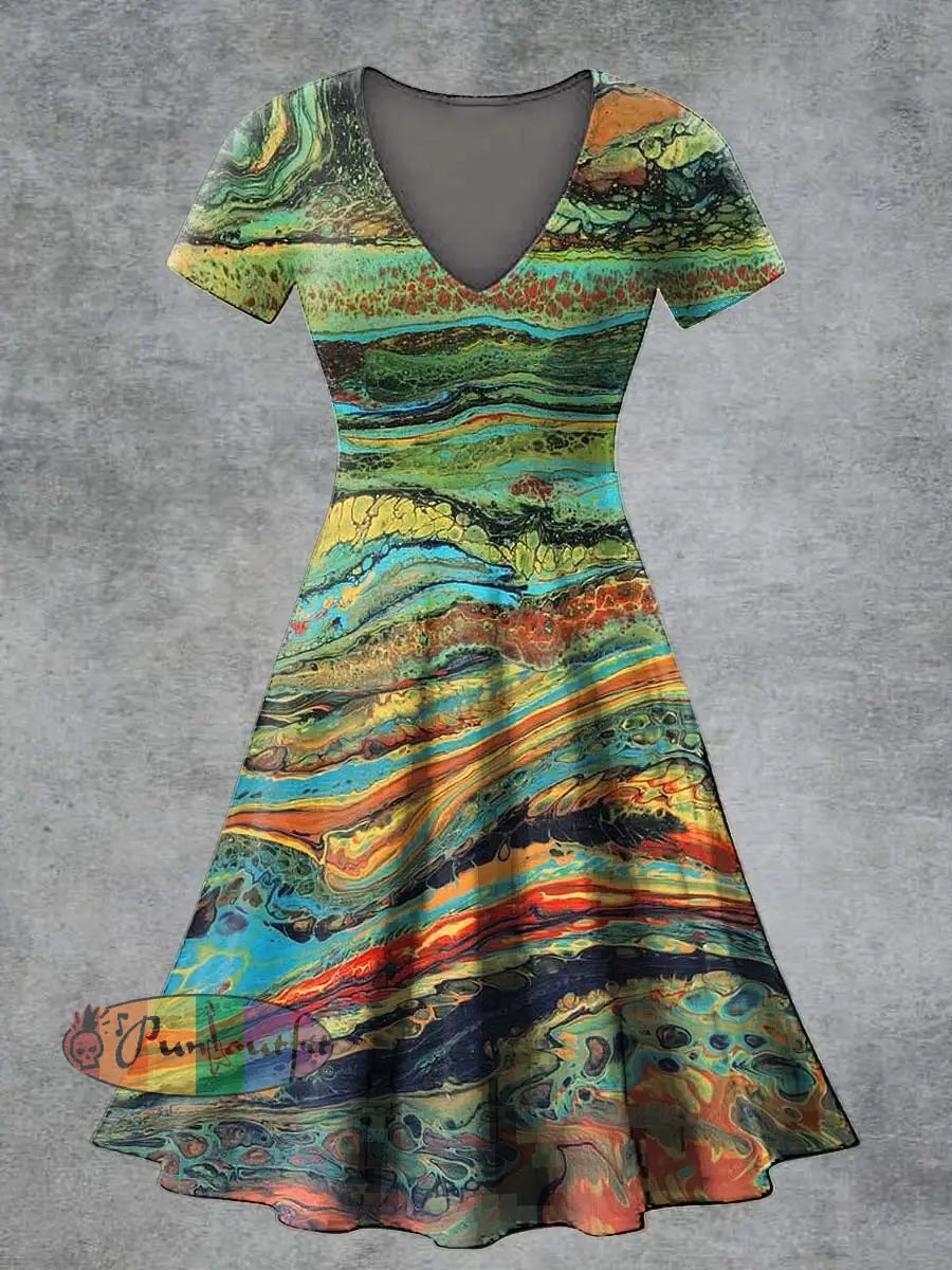 Women’s Casual V Neck Short Sleeve Psychedelic Print Short Sleeve Dress Multicolour / S