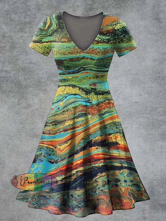 Women’s Casual V Neck Short Sleeve Psychedelic Print Short Sleeve Dress Multicolour / S