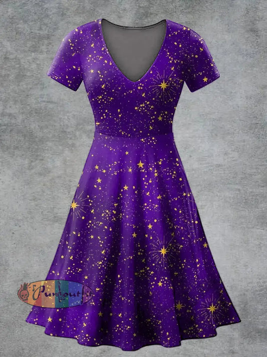 Women’s Casual V Neck Short Sleeve Psychedelic Print Short Sleeve Dress Purple / S