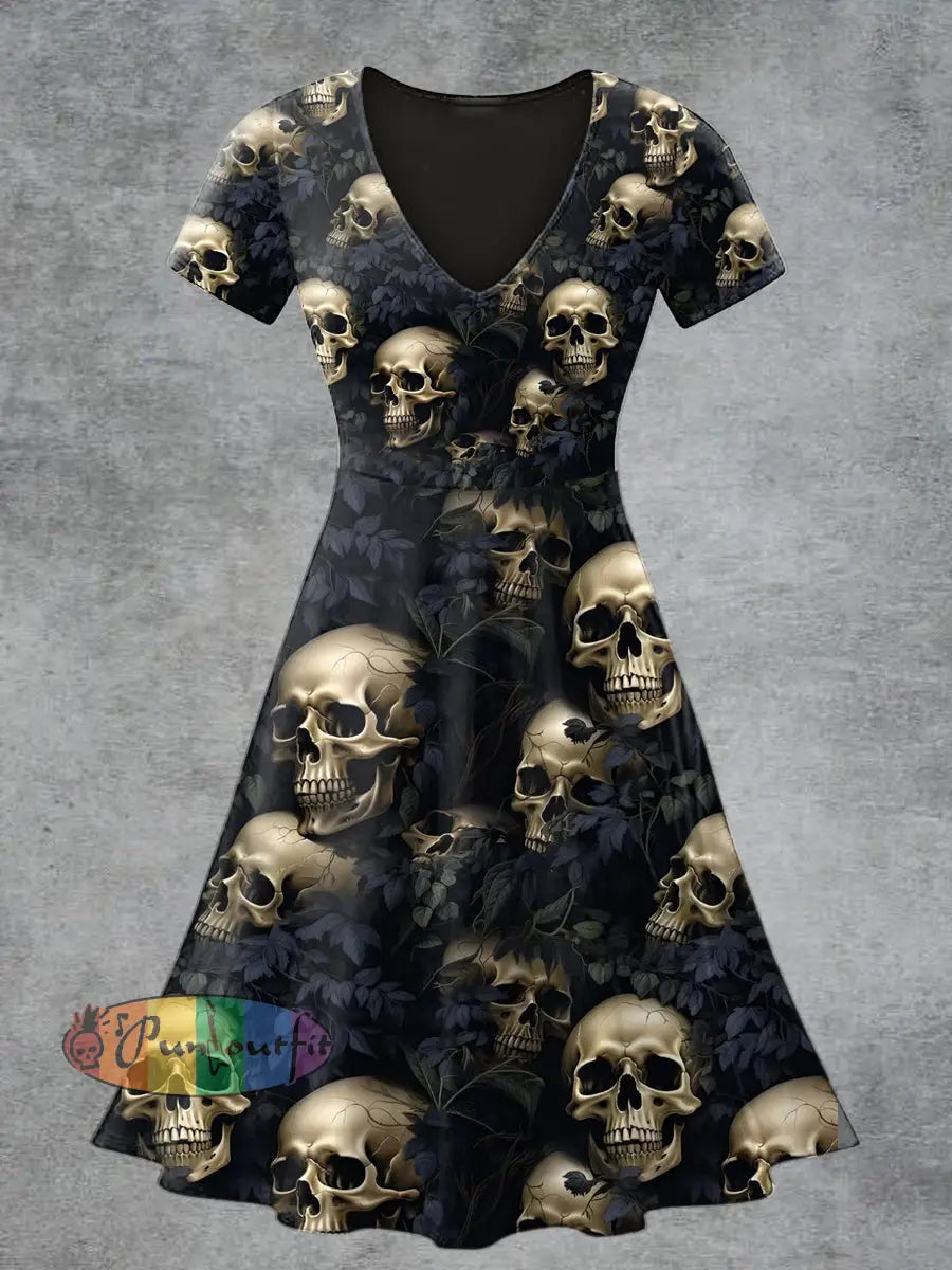 Women’s Casual V-Neck Short Sleeve Skull Print Short Sleeve Dress Black / S