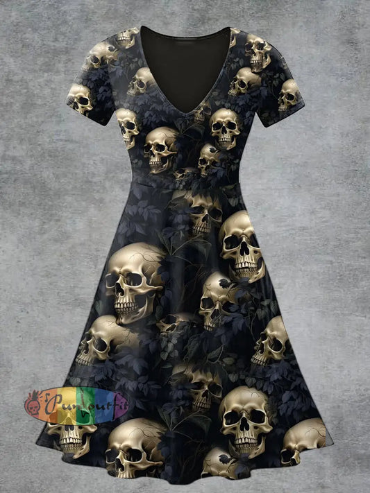 Women’s Casual V-Neck Short Sleeve Skull Print Short Sleeve Dress Black / S