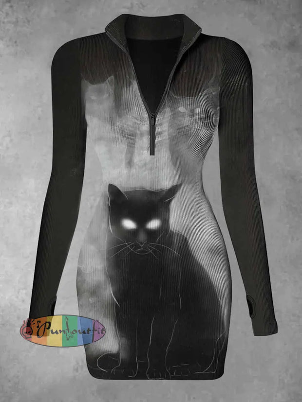 Women’s Cat And Ghost Abstract Print Casual Long Sleeve Mini Dress Black / S