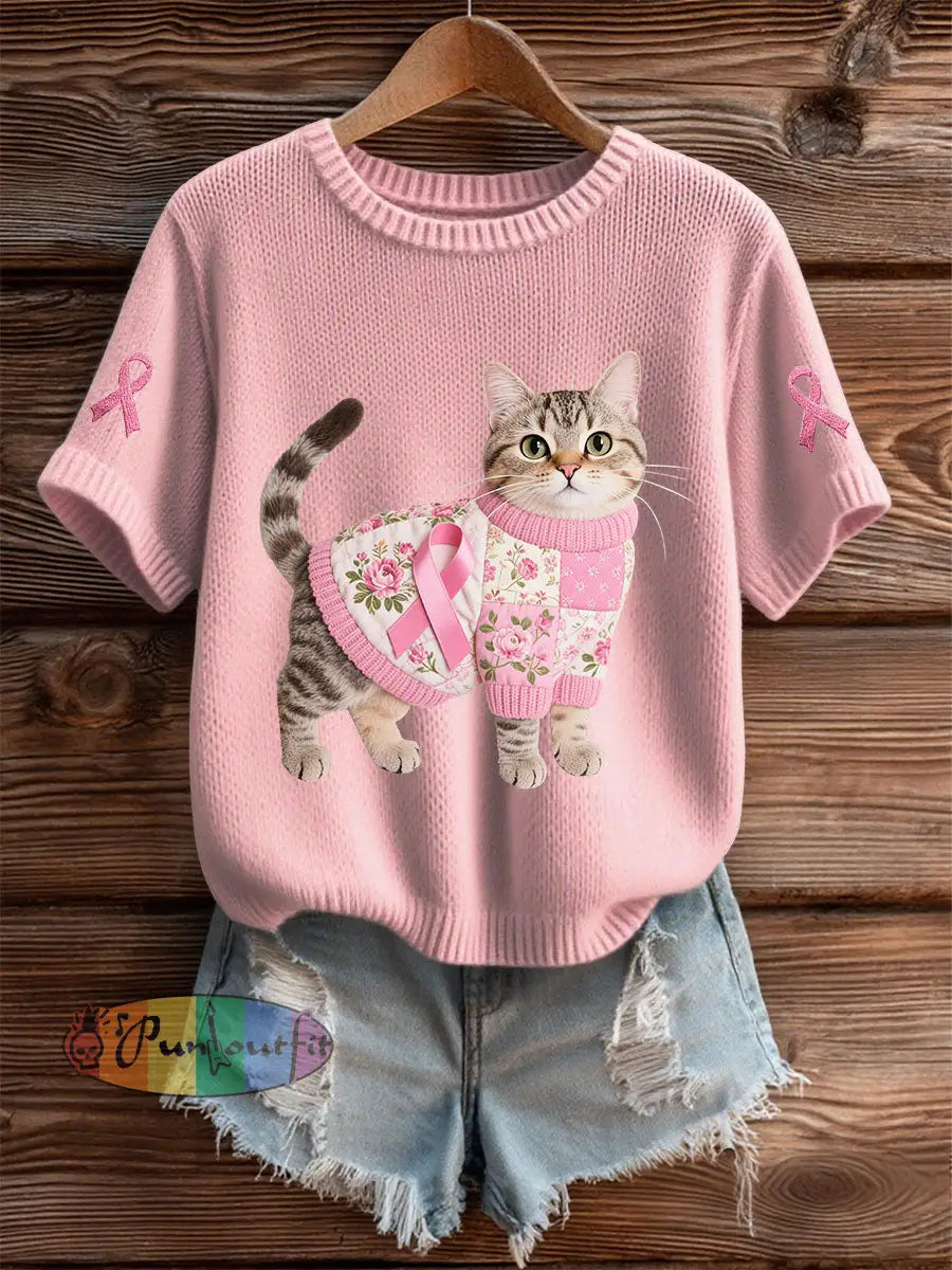 Women’s Cat Pink Ribbon Print Casual T shirt Light Pink / S