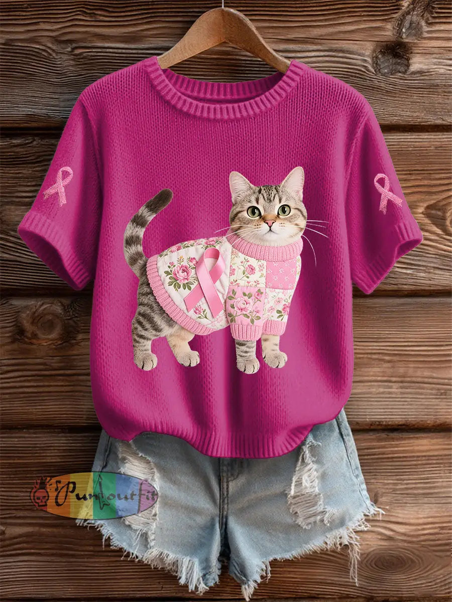 Women’s Cat Pink Ribbon Print Casual T shirt Rose Red / S