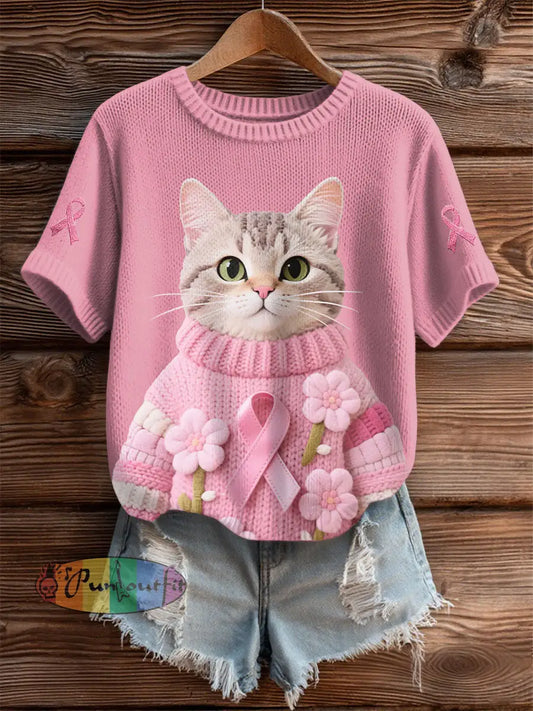 Women’s Cat Pink Ribbon Print Casual T shirt Pink / S