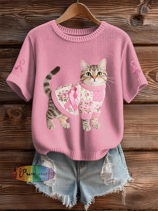 Women’s Cat Pink Ribbon Print Casual T shirt Pink / S