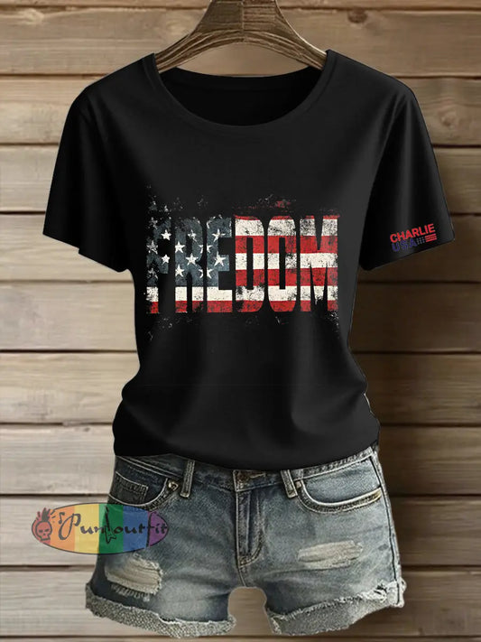 Women’s Charlie Kirk Freedom Printed Vintage Fashion Loose Short Sleeve T-Shirt Black / S
