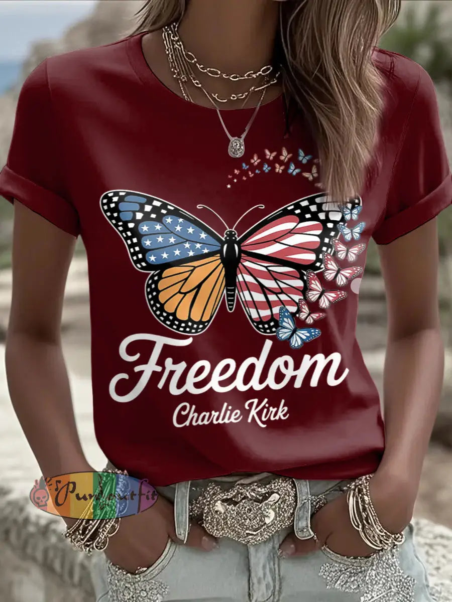 Women’s Charlie Kirk Printed Vintage Fashion Loose Short Sleeve T-Shirt Deep Red / S