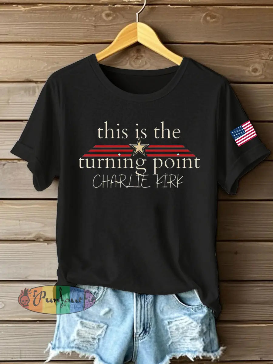 Women’s Charlie Kirk Turning Point Iron On Short Sleeve T-Shirt Black / S