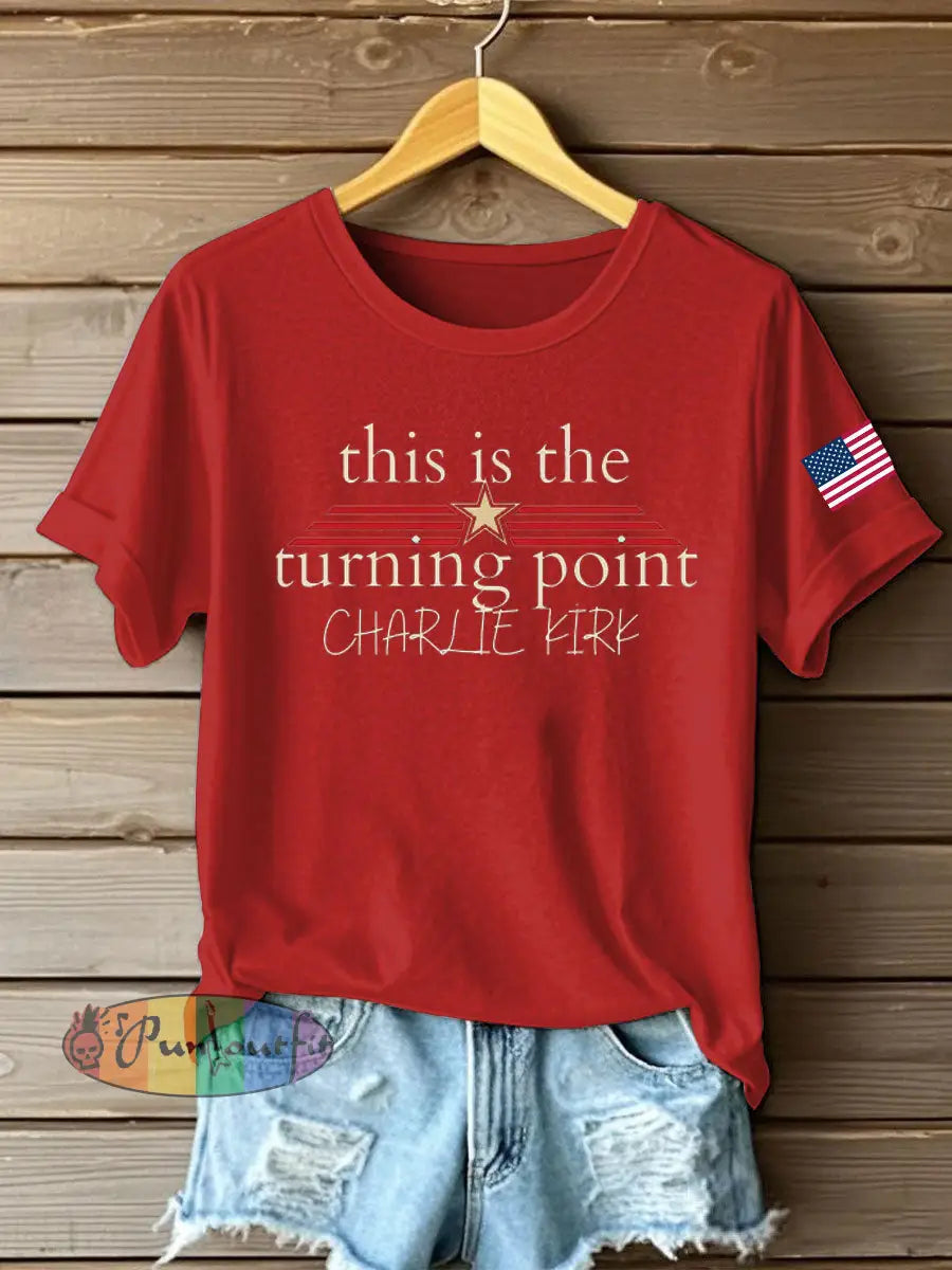 Women’s Charlie Kirk Turning Point Iron On Short Sleeve T-Shirt Red / S