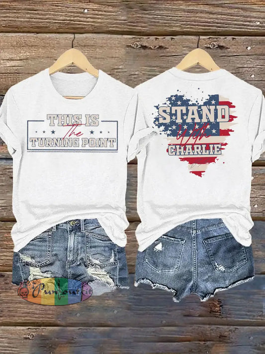 Women’s Charlie Kirk Turning Point Iron On Short Sleeve T-Shirt White / S