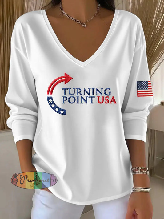 Women’s Charlie Kirk Turning Point USA Trump Commemorative V-Neck Ribbed Top White / S