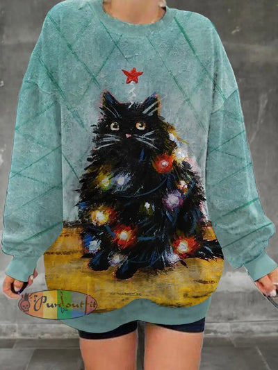 Women’s Christmas Cat Print Casual And Fashionable Round Neck Long Sleeved Sweatshirt Lake Green / S