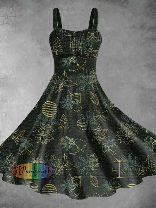 Women’s Christmas Decorations Print Design Pinafore Dresses Brown-Green / S
