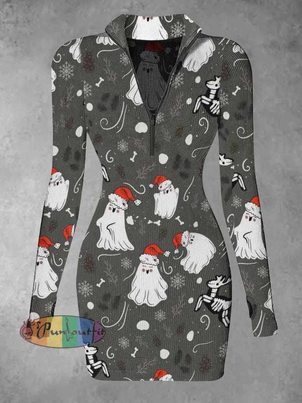 Women’s Christmas Ghost Print Casual Long Sleeve Mini Dress Colorful / S