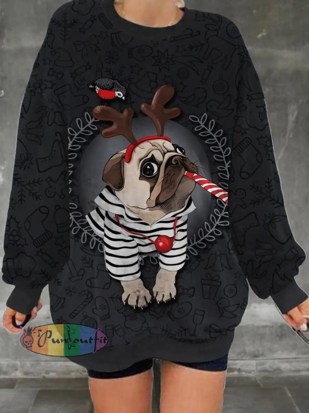 Women’s Christmas Puppy Print Casual And Fashionable Round Neck Long Sleeved Sweatshirt Black / S