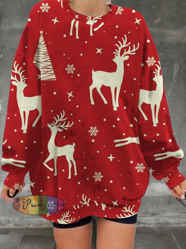 Women’s Christmas Reindeer Pattern Printed Casual And Fashionable Loose Round Neck Long Sleeved