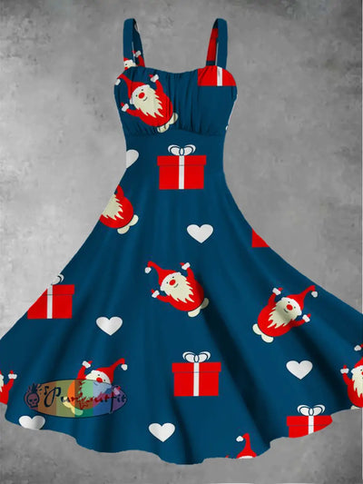 Women’s Christmas Retro Cartoon Printed Casual Fashion Sleeveless Dress Blue / S