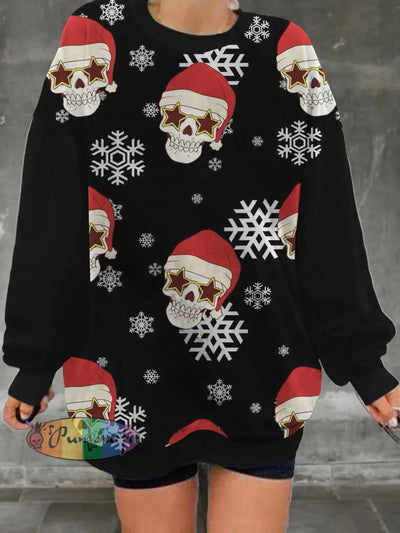 Women’s Christmas Skull Print Casual And Fashionable Round Neck Long Sleeved Sweatshirt Black / S