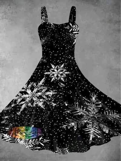 Women’s Christmas Snowflake Art Pattern Design Printed Casual Fashion Sleeveless Dress Black / S