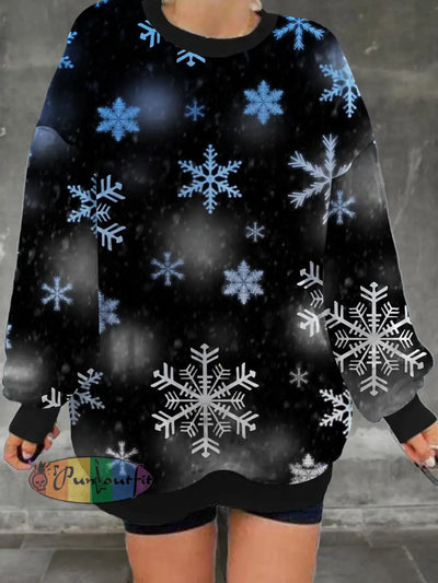 Women’s Christmas Snowflake Printed Casual Fashion Long Sleeve Round Neck Hoodie Black / S