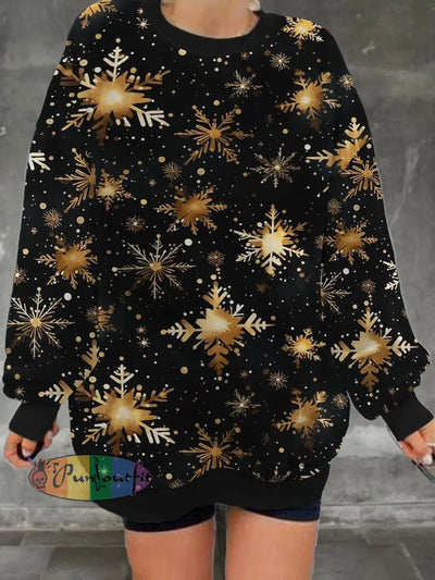 Women’s Christmas Snowflake Printed Casual Fashion Long Sleeve Round Neck Hoodie Black / S