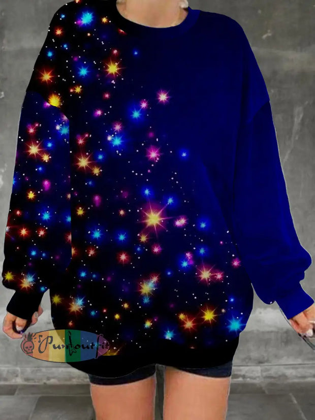 Women’s Christmas Star Art Printed Casual Fashion Long Sleeve Round Neck Hoodie Blue / S