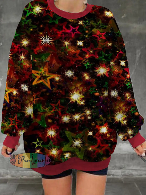 Women’s Christmas Star Art Printed Casual Fashion Long Sleeve Round Neck Hoodie Red / S