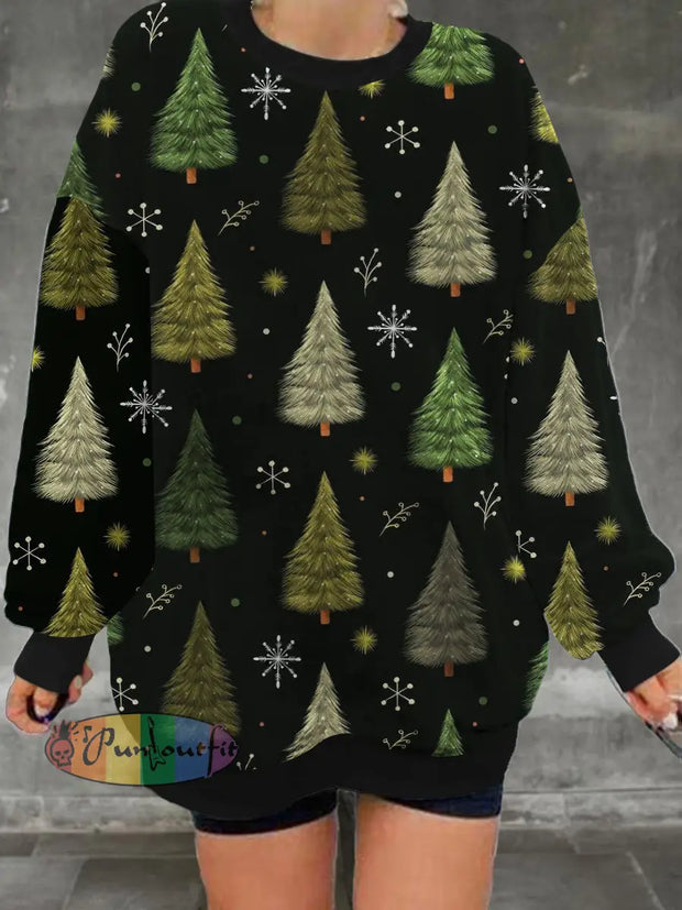 Women’s Christmas Tree Printed Casual Fashion Long Sleeve Round Neck Hoodie Black / S