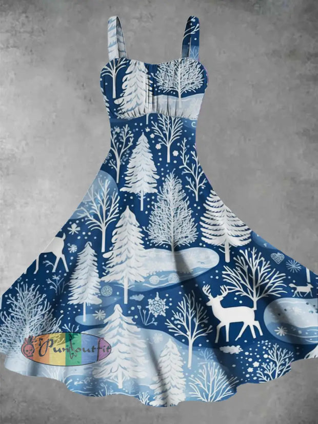 Women’s Christmas Tree Retro Printed Casual Fashion Sleeveless Dress Blue / S