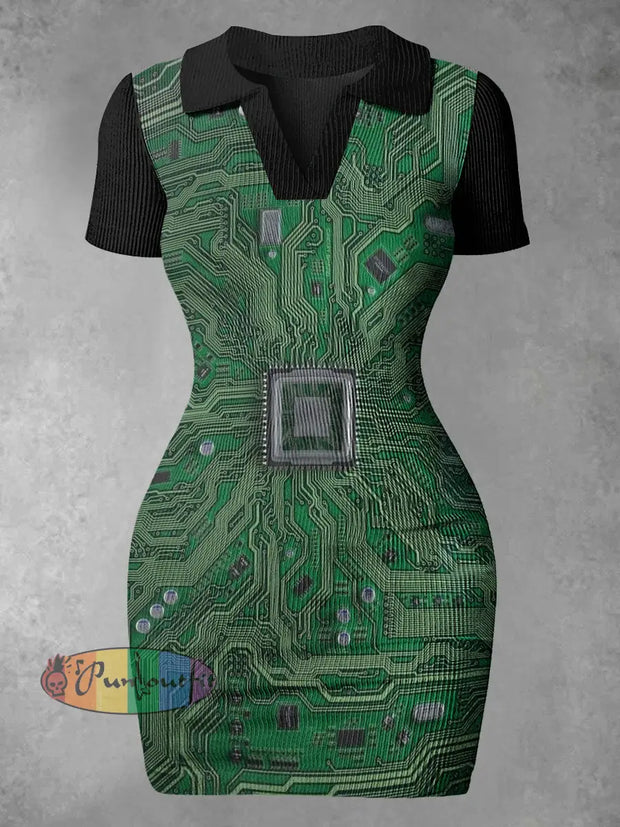 Women’s Circuit Board Abstract Print Casual Mini Dress Green / S