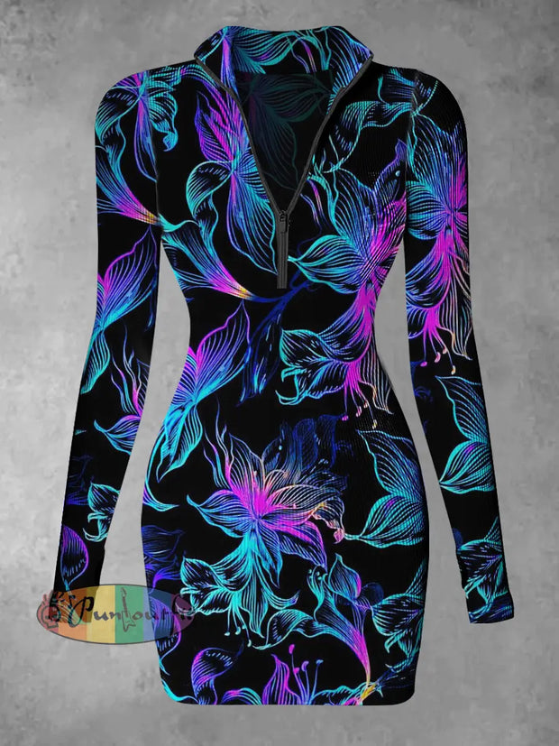 Women’s Color Flower Abstract Print Casual Long Sleeve Mini Dress Black / S