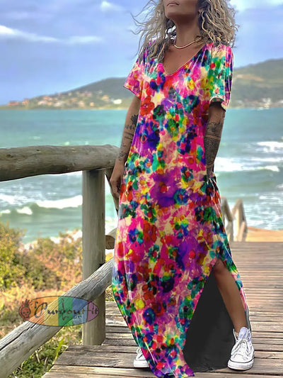 Women’s Color Flowers Print Design Short Sleeve Maxi Dress Colorful / S