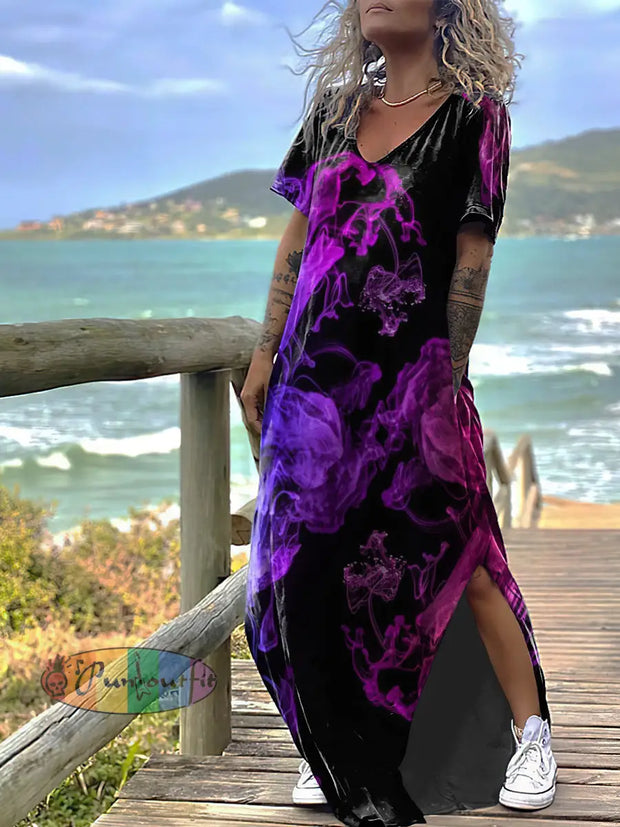 Women’s Color Print Design Short Sleeve Maxi Dress Colorful / S