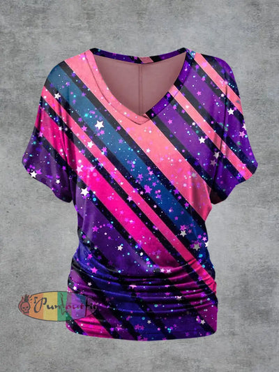 Women’s Colored Art Print V-Neck Short Sleeve Casual T-Shirt Pink / S