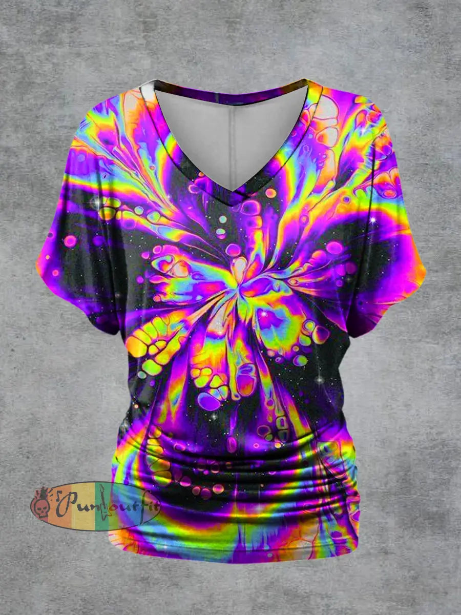Women’s Colored Psychedelic Print V-Neck Short Sleeve Casual T-Shirt Multicolour / S