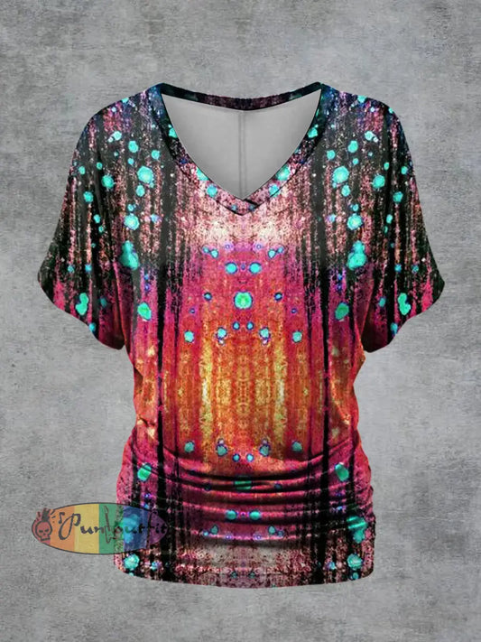 Women’s Colored Psychedelic Print V-Neck Short Sleeve Casual T-Shirt Multicolour / S