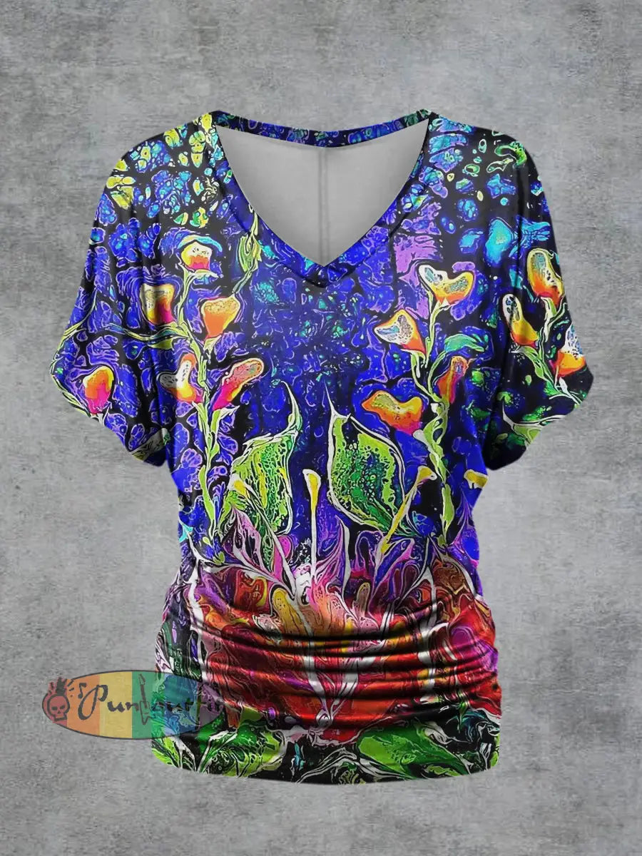 Women’s Colored Psychedelic Print V-Neck Short Sleeve Casual T-Shirt Multicolour / S