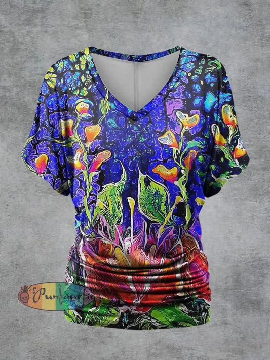 Women’s Colored Psychedelic Print V-Neck Short Sleeve Casual T-Shirt Multicolour / S