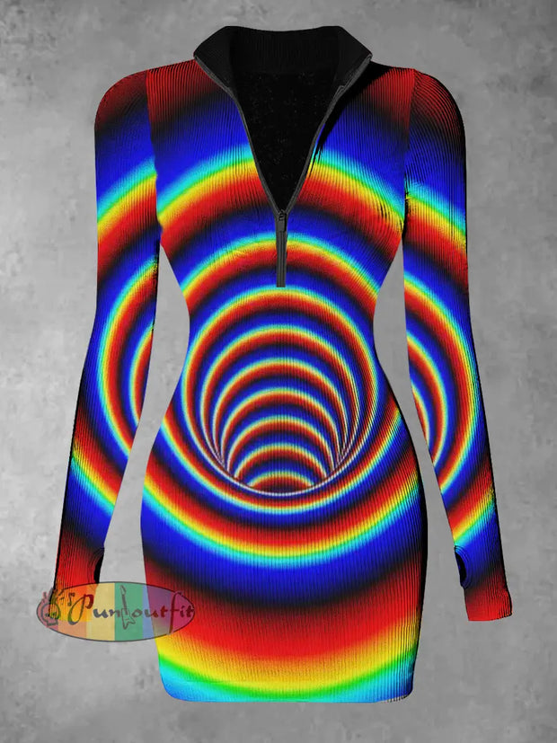 Women’s Colorful Abstract Print Casual Long Sleeve Mini Dress / S