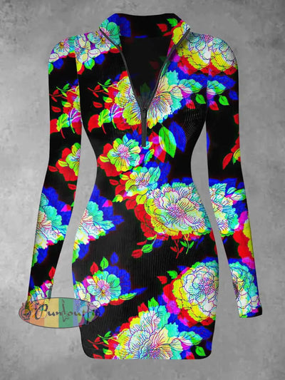 Women’s Colorful Floral Abstract Print Casual Long Sleeve Mini Dress Black / S