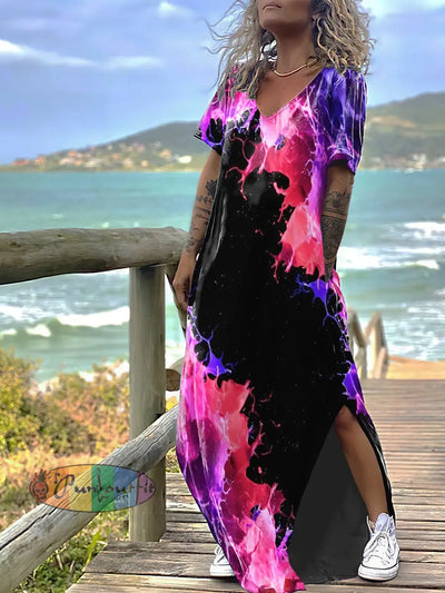 Women’s Colorful Print Design Short Sleeve Maxi Dress Colorful / S