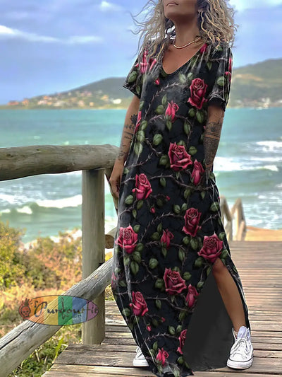 Women’s Confinement Rose Print Design Short Sleeve Maxi Dress Colorful / S