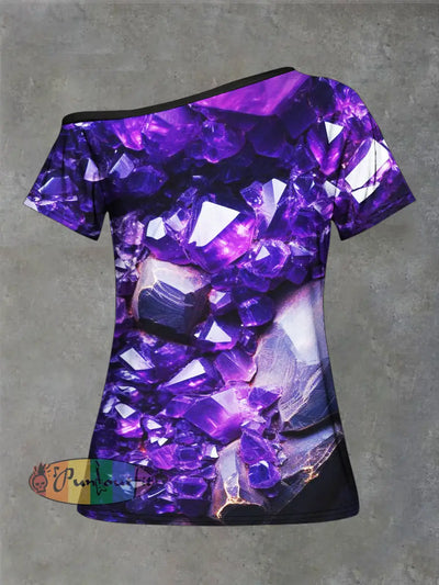 Women’s Crystal Print Strapless Short Sleeve Casual T-Shirt Purple / S