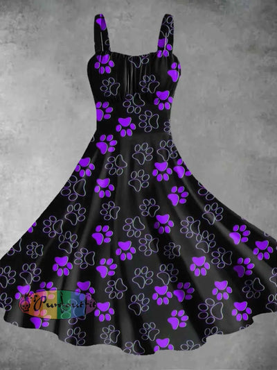 Women’s Cute Dog Paw Printed Suspender Dress Purple / S