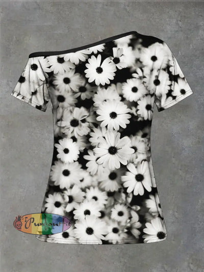 Women’s Daisy Print Strapless Short Sleeve Casual T-Shirt Black / S